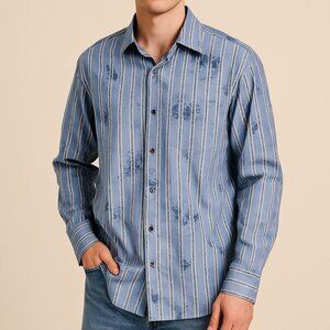 Ike Behar Striped Floral Button Down Shirt L Blue Made in Peru Y2K Retro